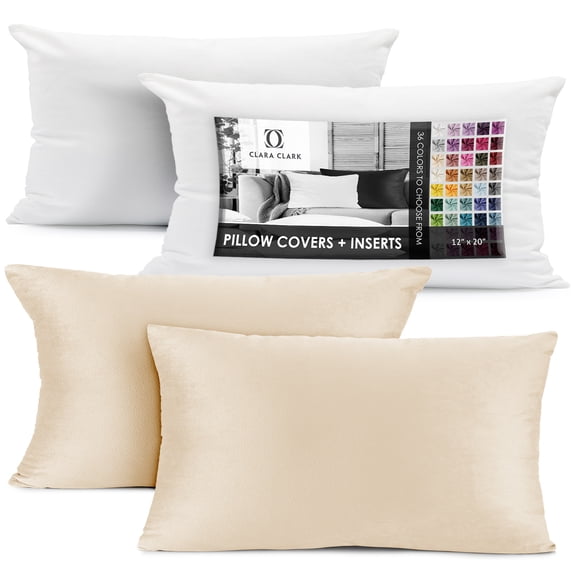 Clara Clark Plush Solid Decorative Microfiber Rectangle Throw Pillow Cover with Throw Pillow Insert for Couch, Biege Cream, 12"x20", 4 Piece Decorative Soft Throw Pillow Set