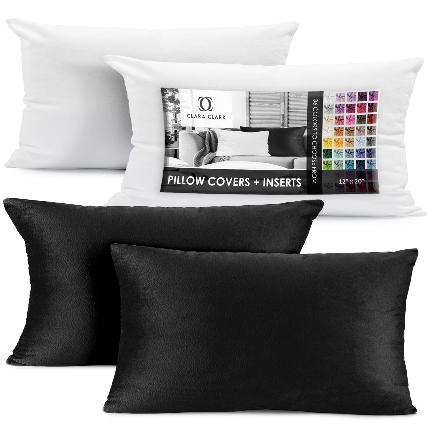 Clara Clark Plush Solid Decorative Microfiber Rectangle Throw Pillow Cover with Throw Pillow Insert for Couch, Black, 12"x20", 4 Piece Decorative Soft Throw Pillow Set