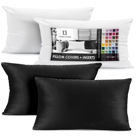 Clara Clark Plush Solid Decorative Microfiber Rectangle Throw Pillow Cover with Throw Pillow Insert for Couch, Black, 12"x20", 4 Piece Decorative Soft Throw Pillow Set