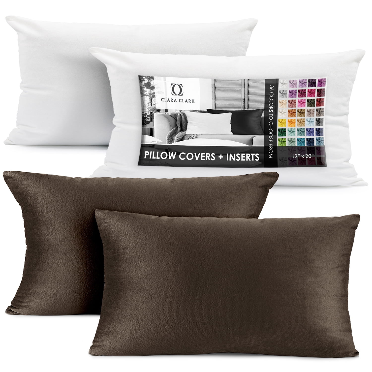 Clara Clark Plush Solid Decorative Microfiber Rectangle Throw Pillow Cover with Throw Pillow Insert for Couch, Brown, 12"x20", 4 Piece Decorative Soft Throw Pillow Set