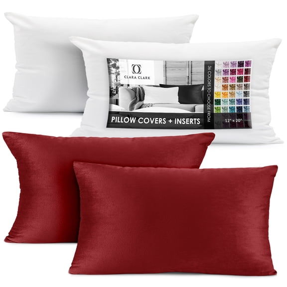 Clara Clark Plush Solid Decorative Microfiber Rectangle Throw Pillow Cover with Throw Pillow Insert for Couch, Cherry Red, 12"x20", 4 Piece Decorative Soft Throw Pillow Set