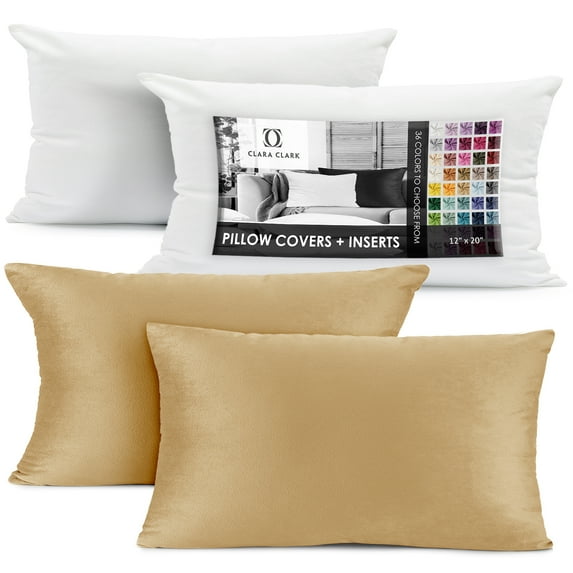 Clara Clark Plush Solid Decorative Microfiber Rectangle Throw Pillow Cover with Throw Pillow Insert for Couch, Gold, 12"x20", 4 Piece Decorative Soft Throw Pillow Set