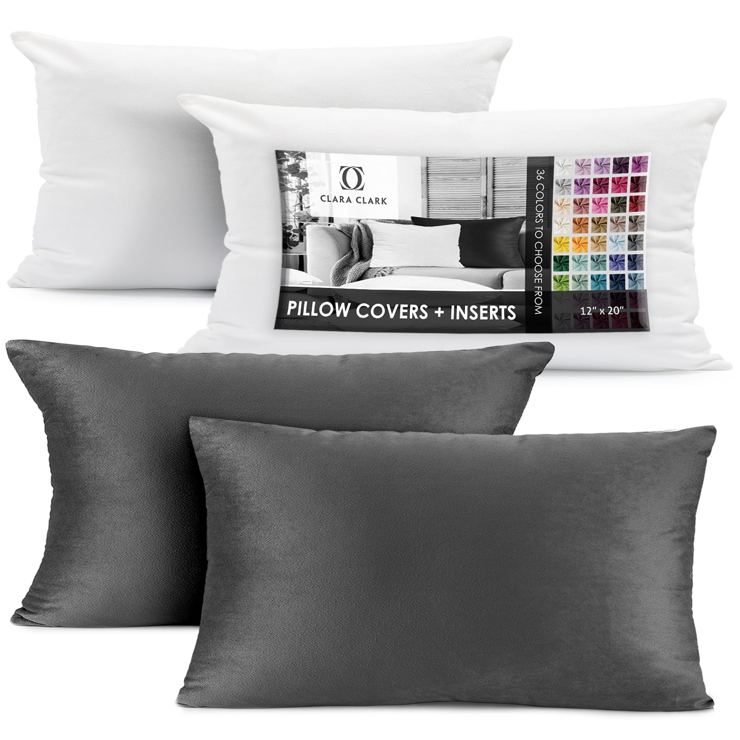 Clara Clark Plush Solid Decorative Microfiber Rectangle Throw Pillow Cover with Throw Pillow Insert for Couch, Grey, 12"x20", 4 Piece Decorative Soft Throw Pillow Set