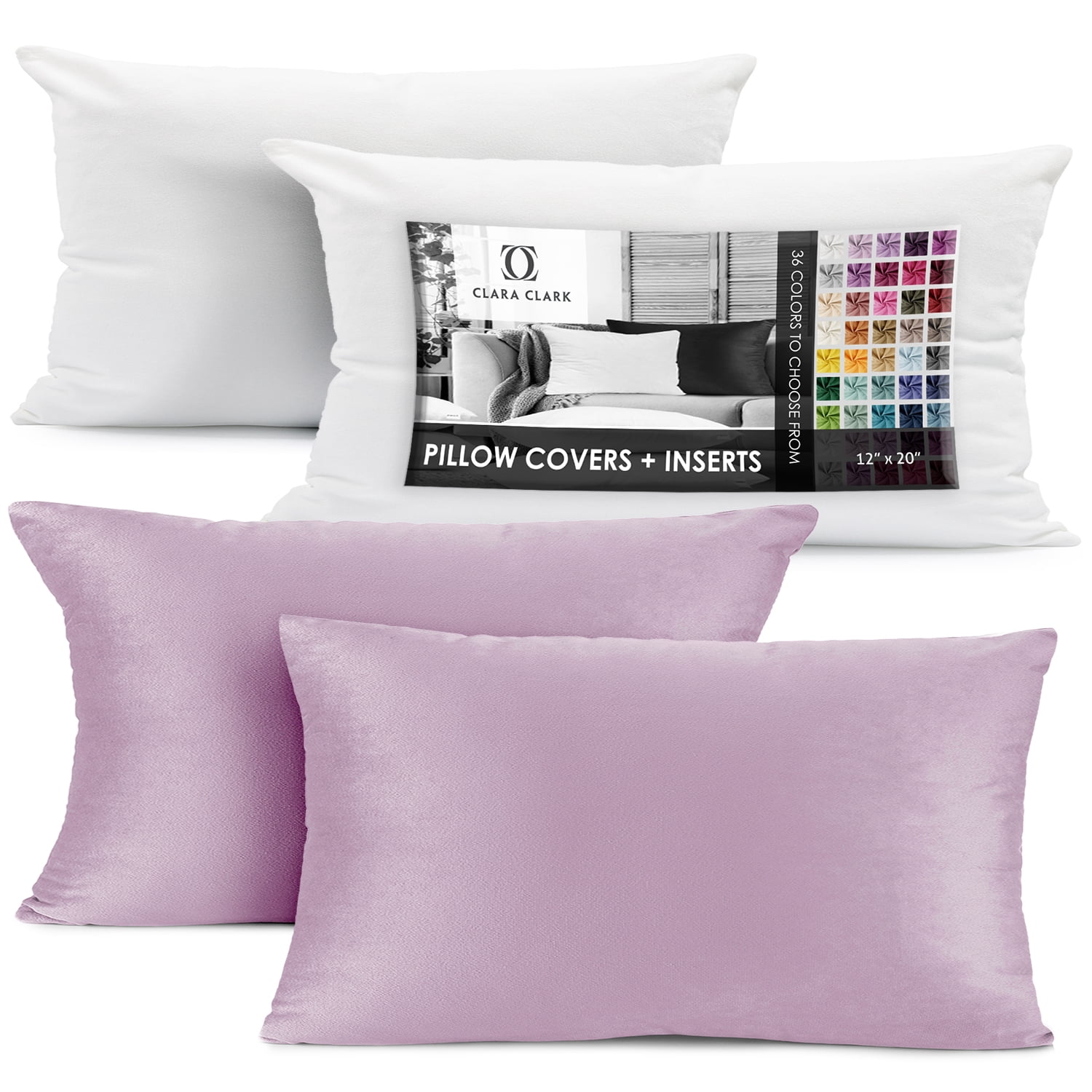 Clara Clark Plush Solid Decorative Microfiber Rectangle Throw Pillow Cover with Throw Pillow Insert for Couch, Grey Lavendar, 12"x20", 4 Piece Decorative Soft Throw Pillow Set