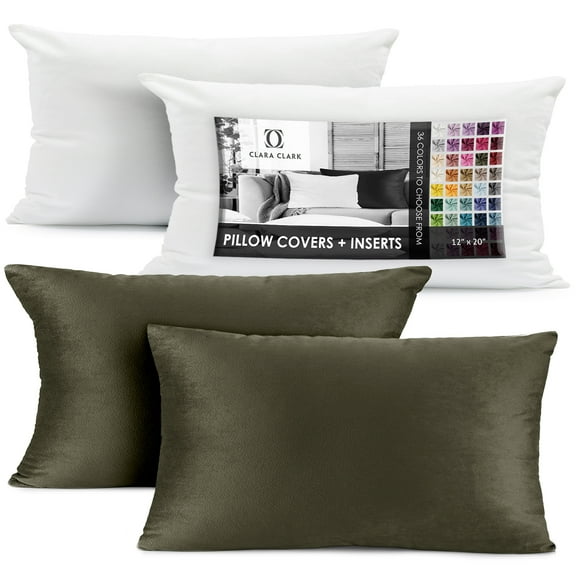 Clara Clark Plush Solid Decorative Microfiber Rectangle Throw Pillow Cover with Throw Pillow Insert for Couch, Khaki, 12"x20", 4 Piece Decorative Soft Throw Pillow Set