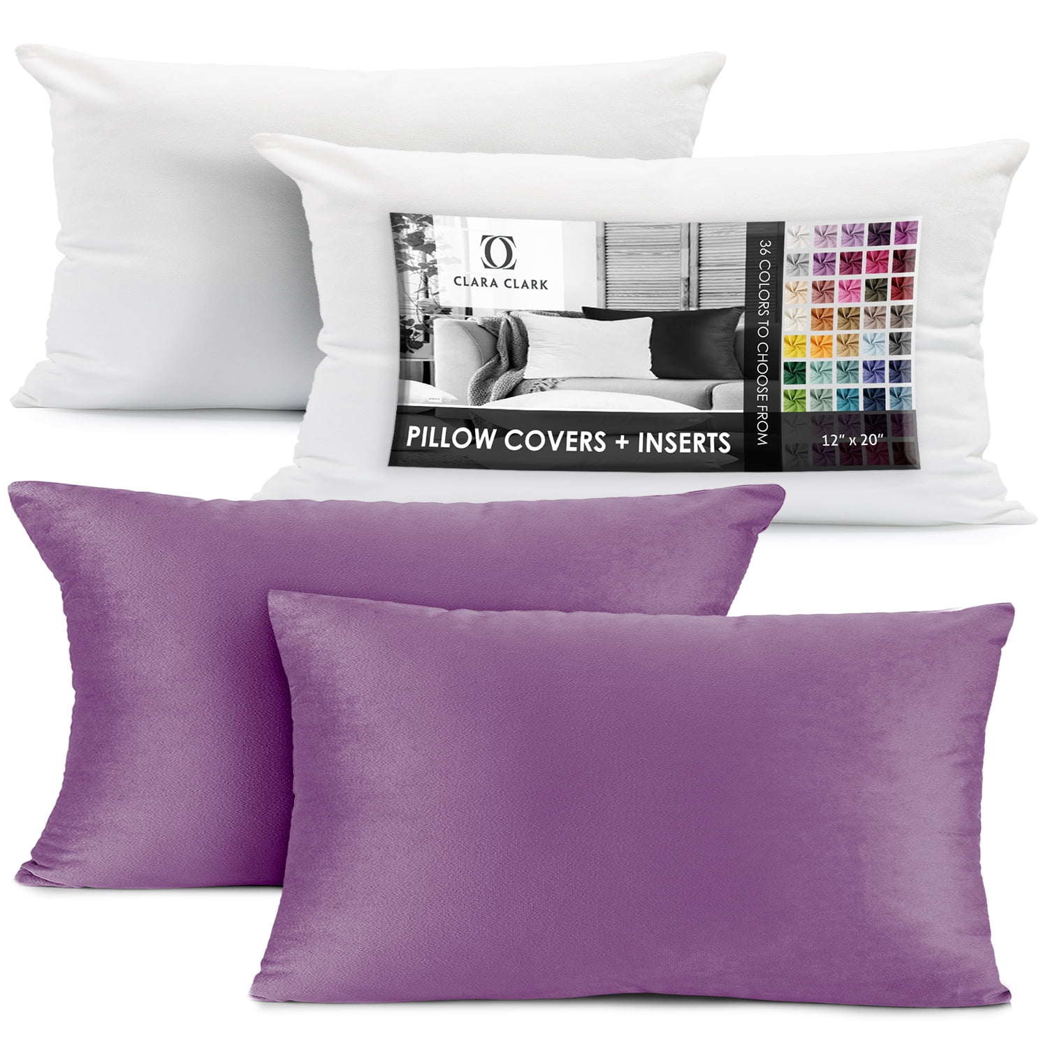 Clara Clark Plush Solid Decorative Microfiber Rectangle Throw Pillow Cover with Throw Pillow Insert for Couch, Lavendar Dream, 12"x20", 4 Piece Decorative Soft Throw Pillow Set