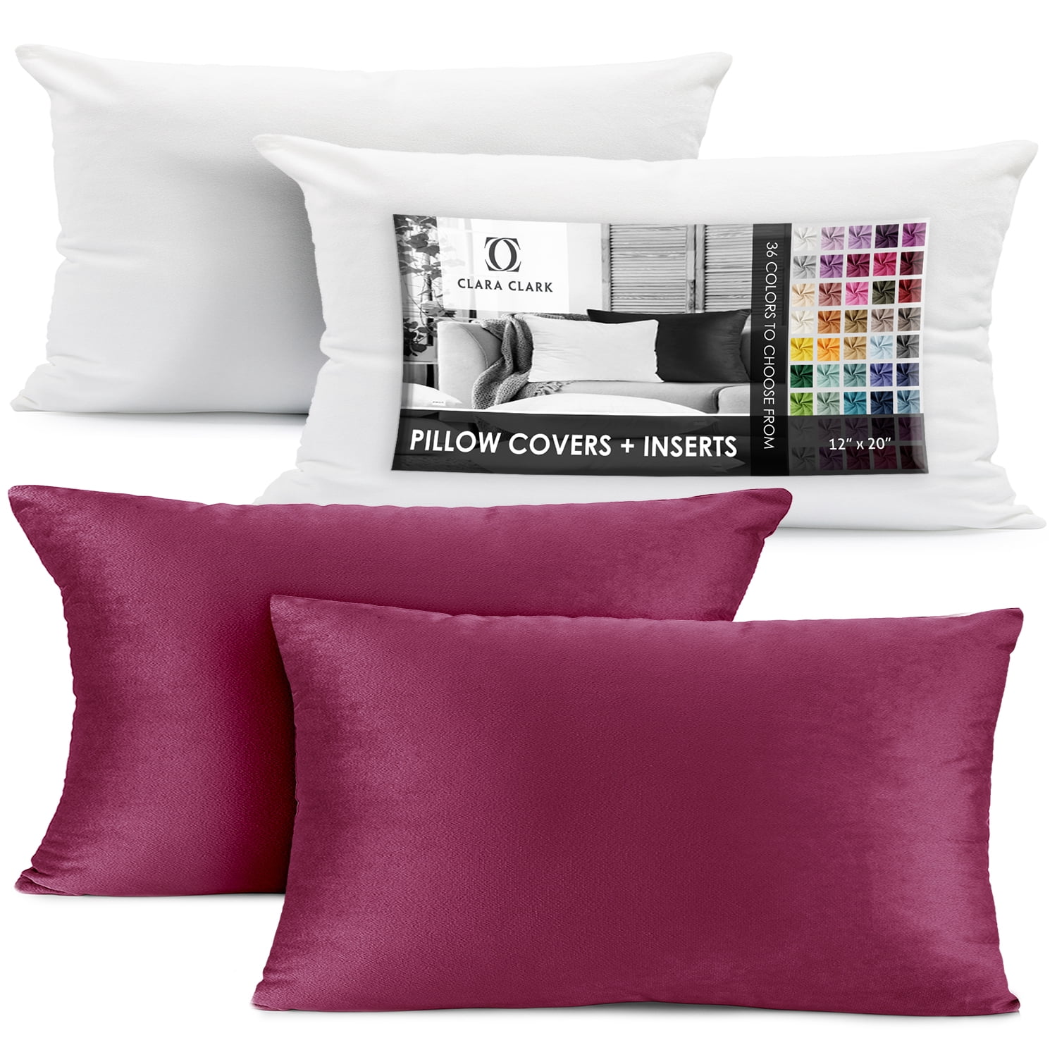 Clara Clark Plush Solid Decorative Microfiber Rectangle Throw Pillow Cover with Throw Pillow Insert for Couch, Magenta, 12"x20", 4 Piece Decorative Soft Throw Pillow Set