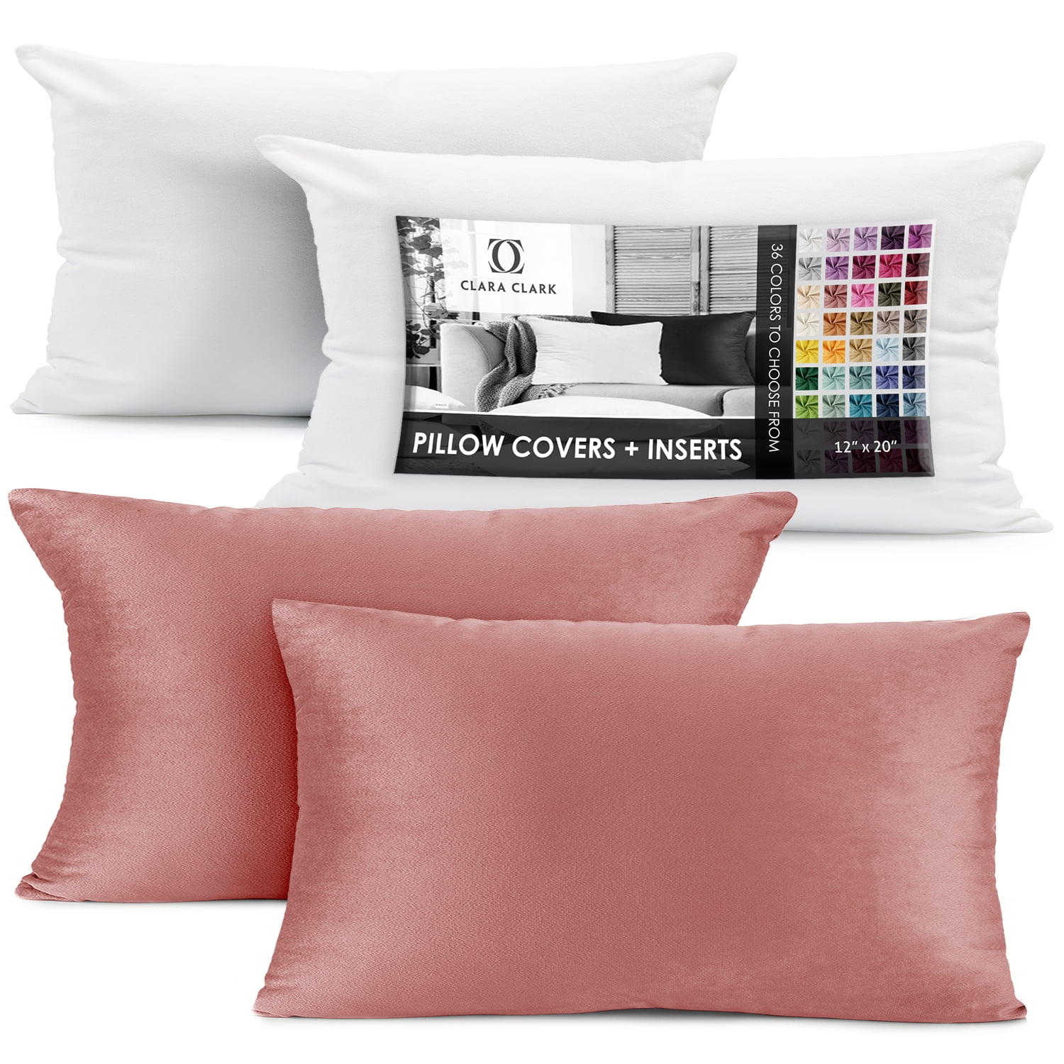 Clara Clark Plush Solid Decorative Microfiber Rectangle Throw Pillow Cover with Throw Pillow Insert for Couch, Misty Rose, 12"x20", 4 Piece Decorative Soft Throw Pillow Set