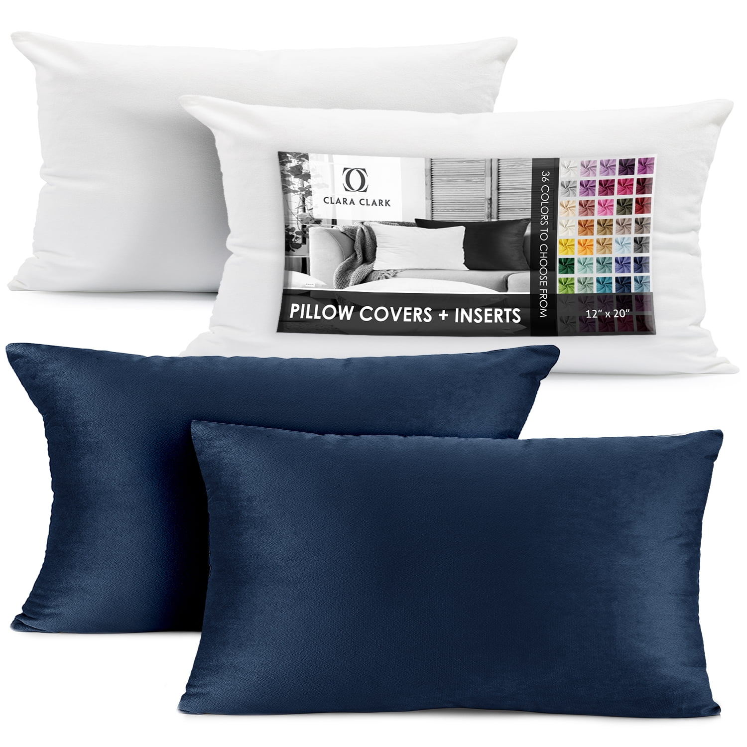 Clara Clark Plush Solid Decorative Microfiber Rectangle Throw Pillow Cover with Throw Pillow Insert for Couch, Navy Blue, 12"x20", 4 Piece Decorative Soft Throw Pillow Set