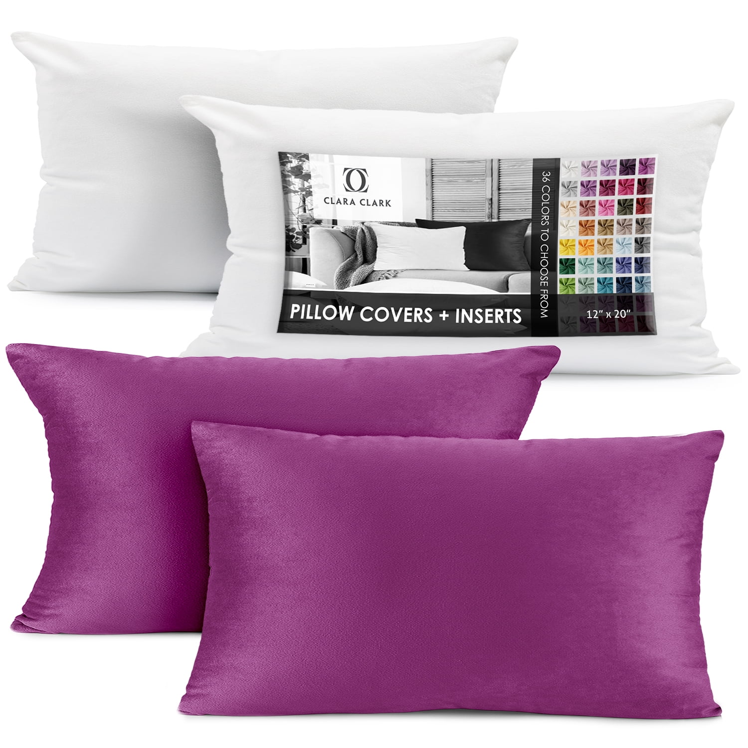 Clara Clark Plush Solid Decorative Microfiber Rectangle Throw Pillow Cover with Throw Pillow Insert for Couch, Orchid Purple, 12"x20", 4 Piece Decorative Soft Throw Pillow Set