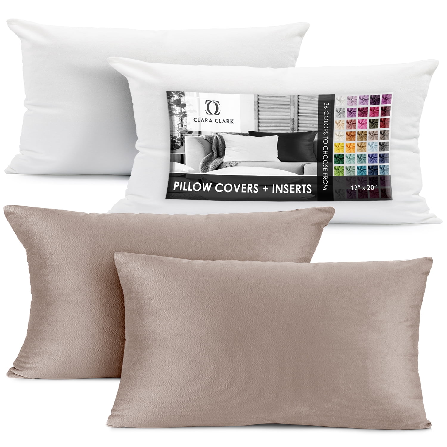 Clara Clark Plush Solid Decorative Microfiber Rectangle Throw Pillow Cover with Throw Pillow Insert for Couch, Taupe, 12"x20", 4 Piece Decorative Soft Throw Pillow Set