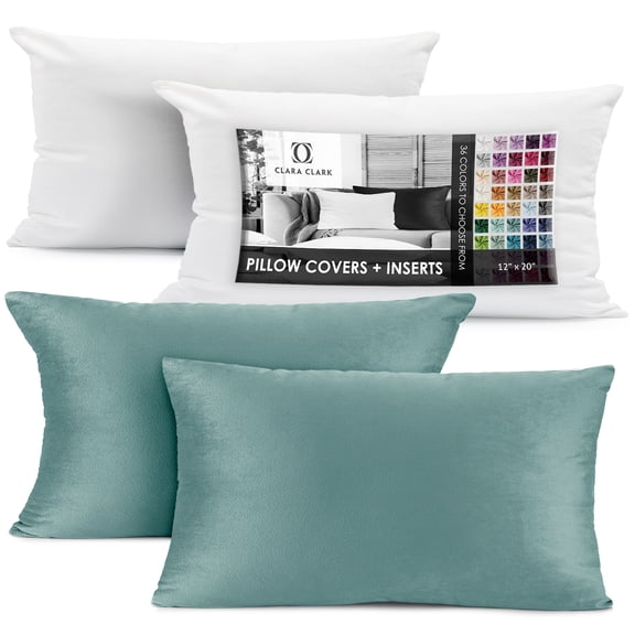 Clara Clark Plush Solid Decorative Microfiber Rectangle Throw Pillow Cover with Throw Pillow Insert for Couch, Teal, 12"x20", 4 Piece Decorative Soft Throw Pillow Set