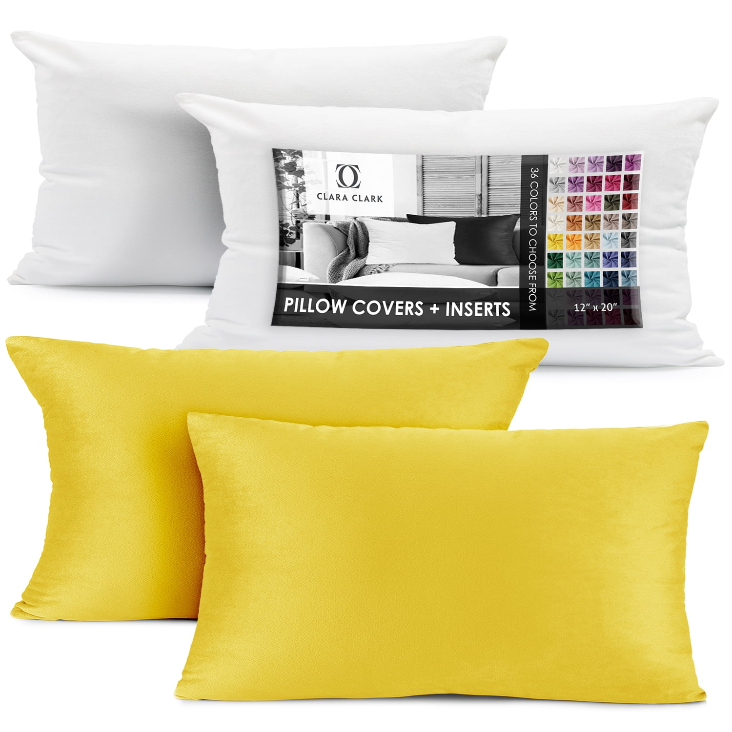 Clara Clark Plush Solid Decorative Microfiber Rectangle Throw Pillow Cover with Throw Pillow Insert for Couch, Yellow, 12"x20", 4 Piece Decorative Soft Throw Pillow Set