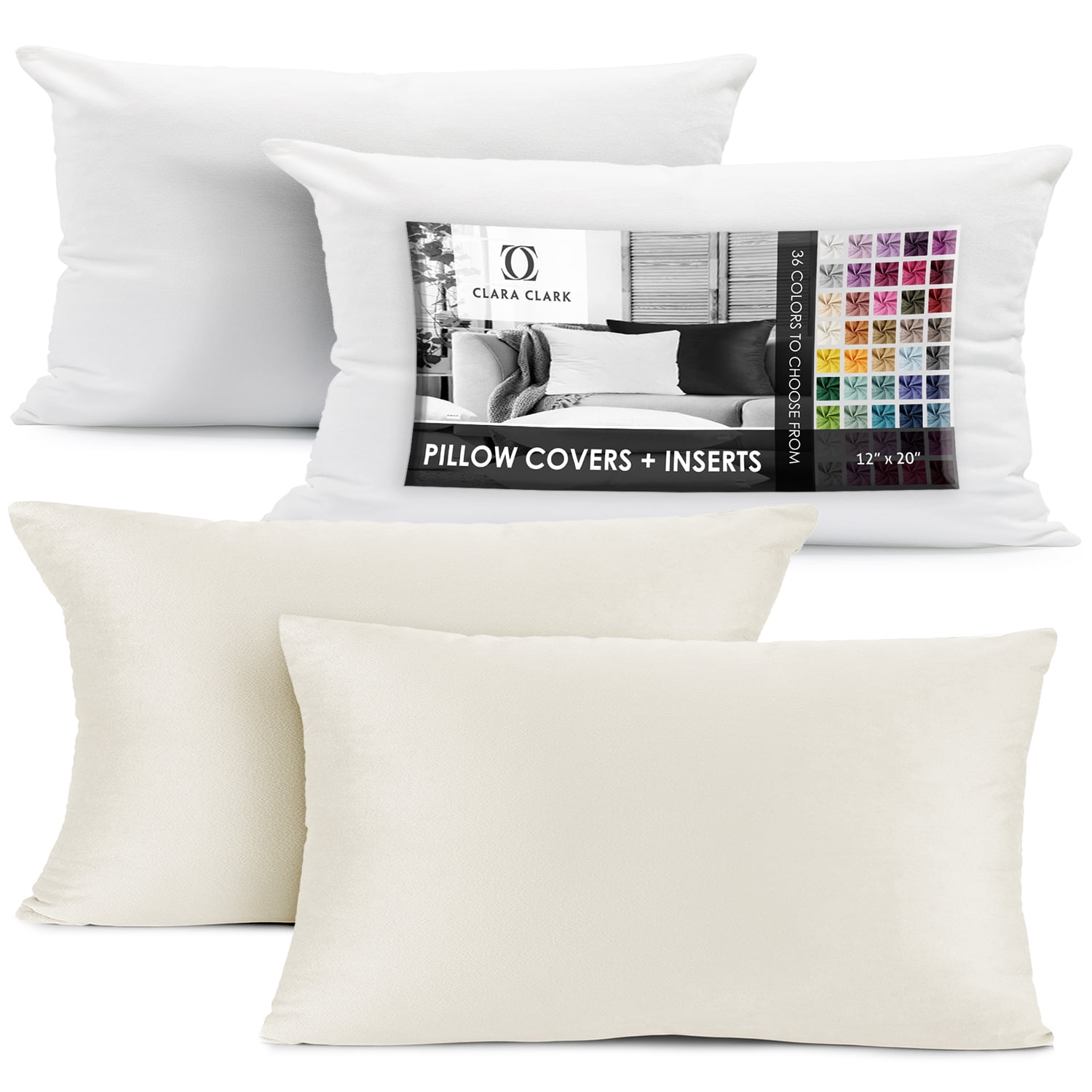 Clara Clark Plush Solid Decorative Microfiber Rectangle Throw Pillow Cover with Throw Pillow Insert for Couch, Off white, 12"x20", 4 Piece Decorative Soft Throw Pillow Set
