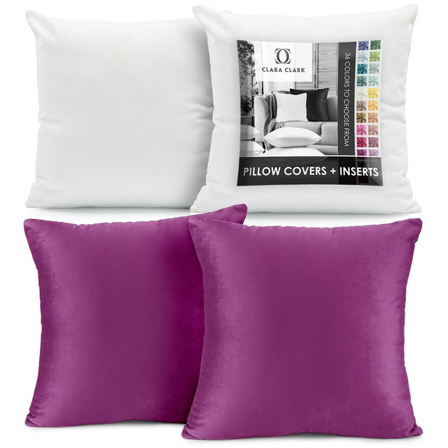 Clara Clark Plush Solid Decorative Microfiber Square Throw Pillow Cover with Throw Pillow Insert for Couch, Orchid Purple, 16"x16"", 4 Piece Decorative Soft Throw Pillow Set