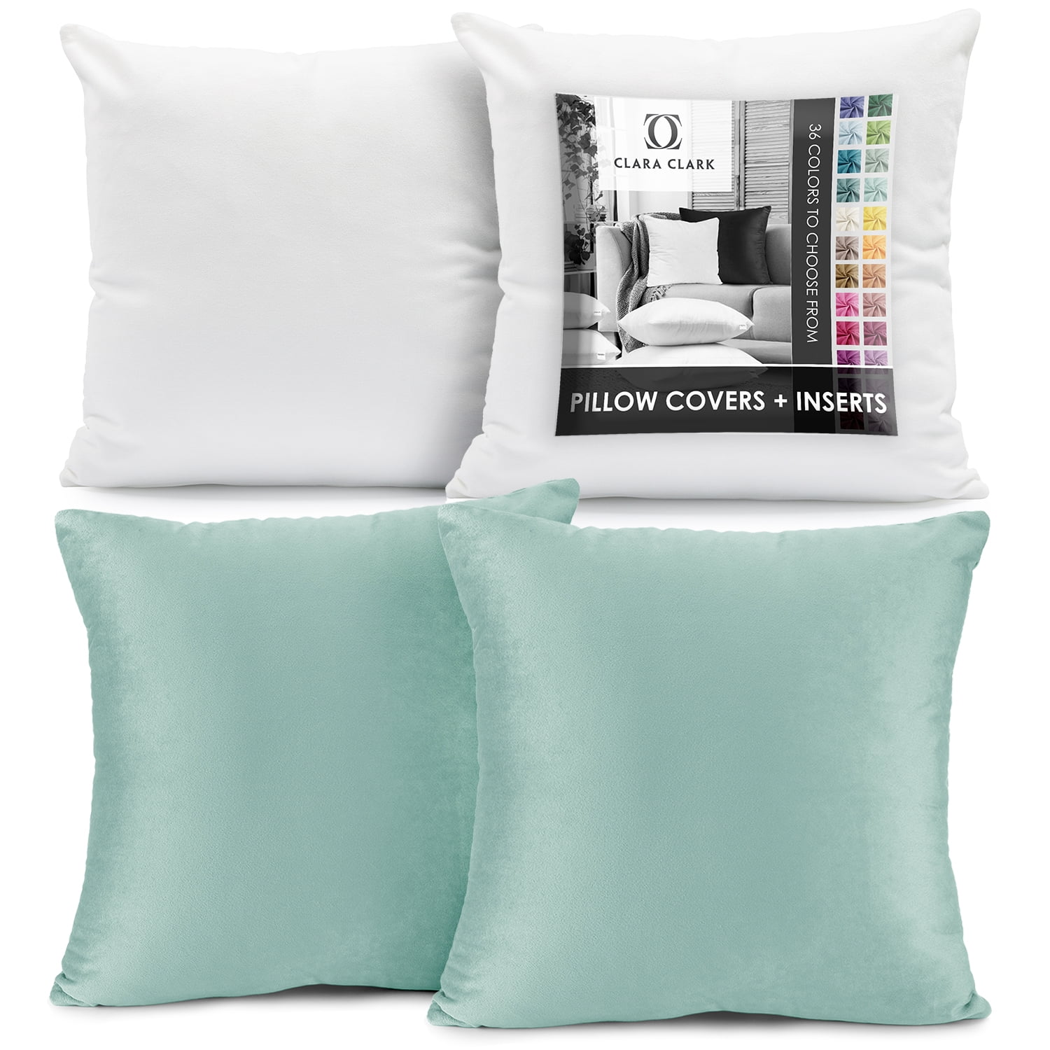 Clara Clark Plush Solid Decorative Microfiber Square Throw Pillow Cover with Throw Pillow Insert for Couch, Aqua, 26"x26"", 4 Piece Decorative Soft Throw Pillow Set