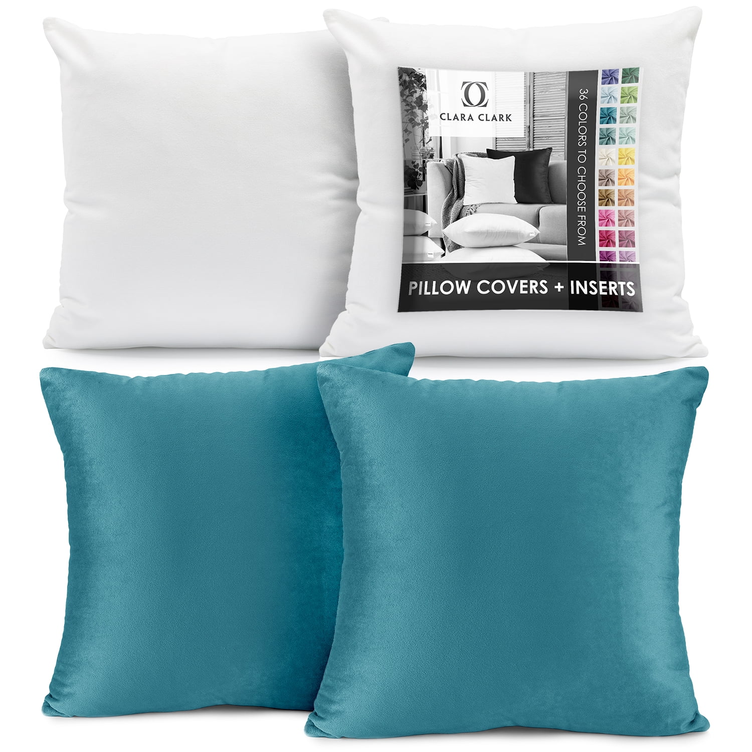 Clara Clark Plush Solid Decorative Microfiber Square Throw Pillow Cover with Throw Pillow Insert for Couch, Beach Blue, 28"x28"", 4 Piece Decorative Soft Throw Pillow Set