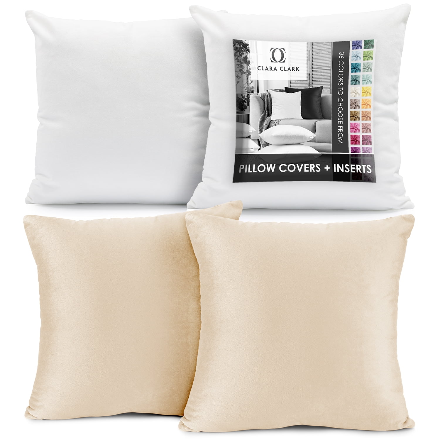 Clara Clark Plush Solid Decorative Microfiber Square Throw Pillow Cover with Throw Pillow Insert for Couch, Biege Cream, 20"x20"", 4 Piece Decorative Soft Throw Pillow Set