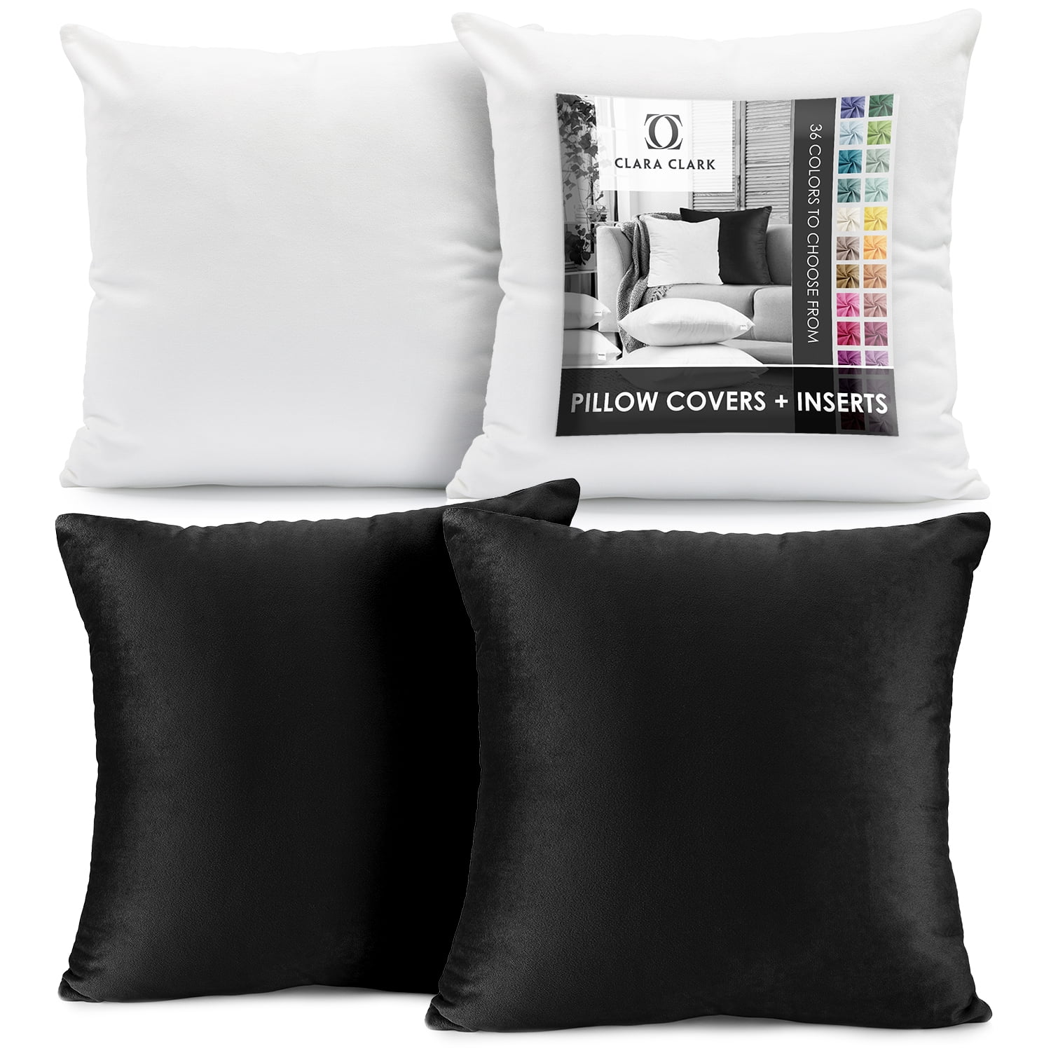 Clara Clark Plush Solid Decorative Microfiber Square Throw Pillow Cover with Throw Pillow Insert for Couch, Black, 20"x20"", 4 Piece Decorative Soft Throw Pillow Set