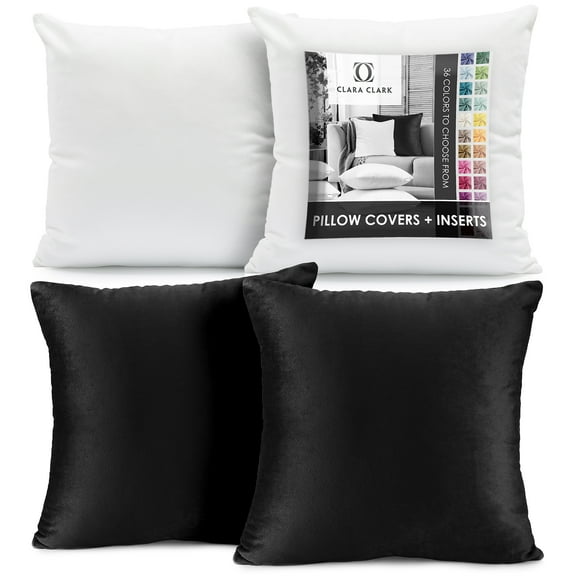 Clara Clark Plush Solid Decorative Microfiber Square Throw Pillow Cover with Throw Pillow Insert for Couch, Black, 24"x24"", 4 Piece Decorative Soft Throw Pillow Set