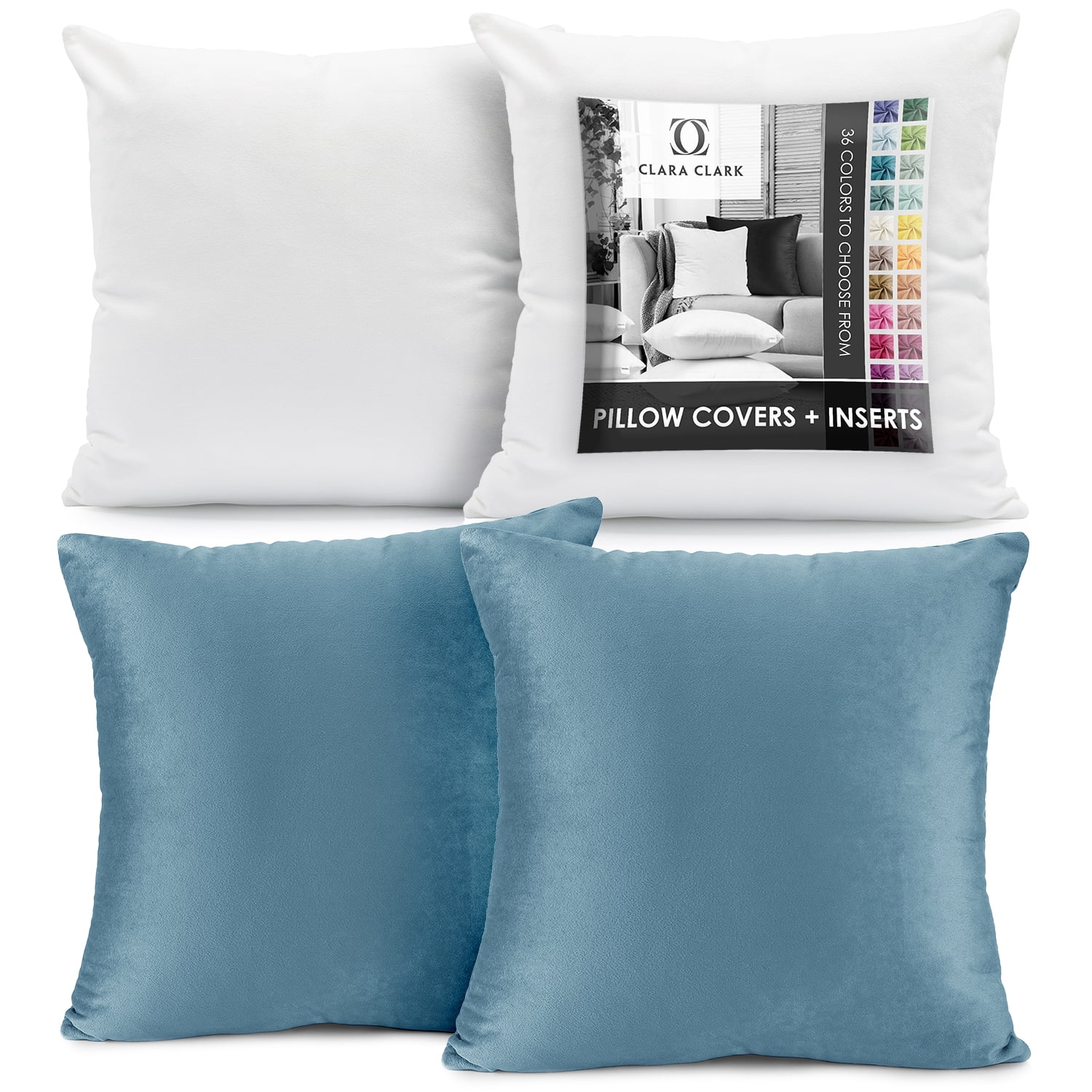 Clara Clark Plush Solid Decorative Microfiber Square Throw Pillow Cover with Throw Pillow Insert for Couch, Blue Heaven, 22"x22"", 4 Piece Decorative Soft Throw Pillow Set