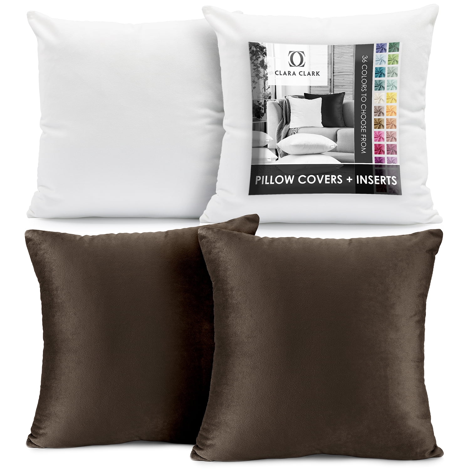 Clara Clark Plush Solid Decorative Microfiber Square Throw Pillow Cover with Throw Pillow Insert for Couch, Brown, 16"x16"", 4 Piece Decorative Soft Throw Pillow Set