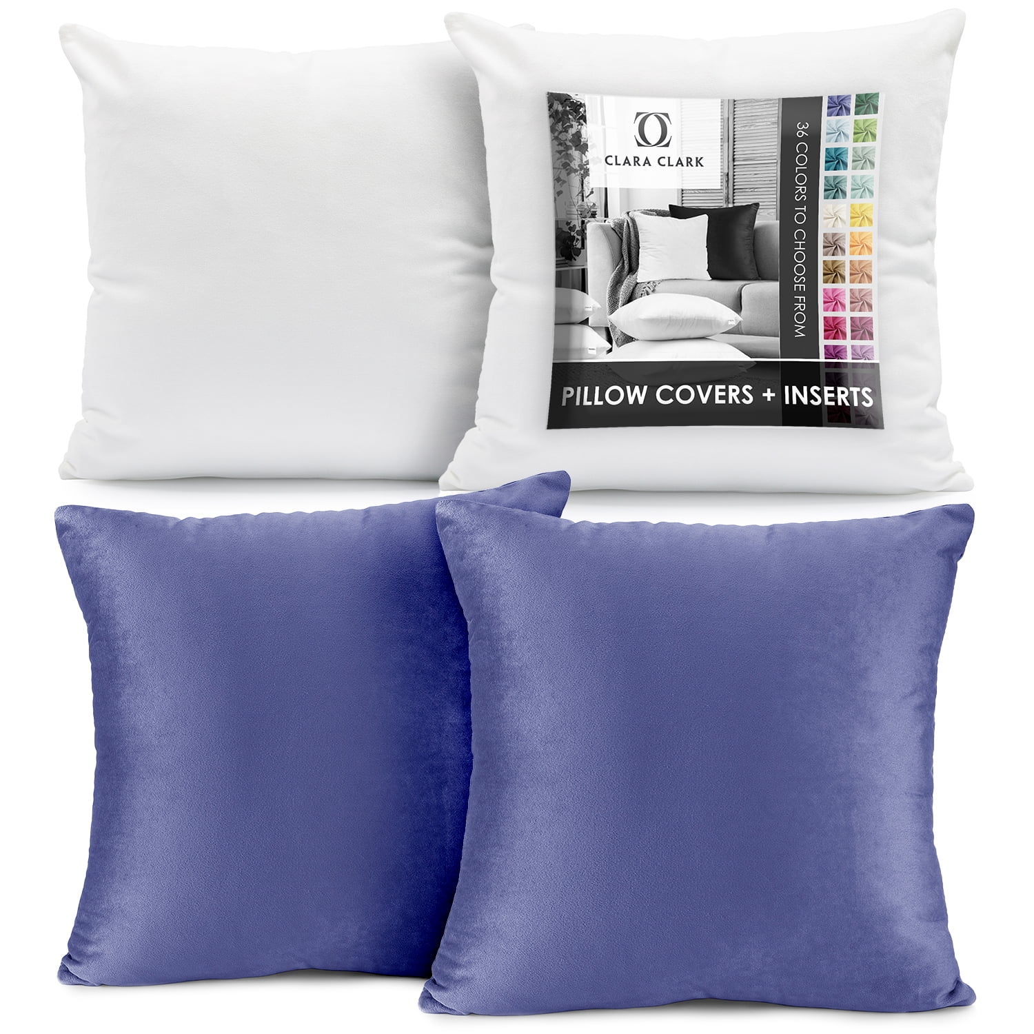 Clara Clark Plush Solid Decorative Microfiber Square Throw Pillow Cover with Throw Pillow Insert for Couch, Calm Blue, 24"x24"", 4 Piece Decorative Soft Throw Pillow Set