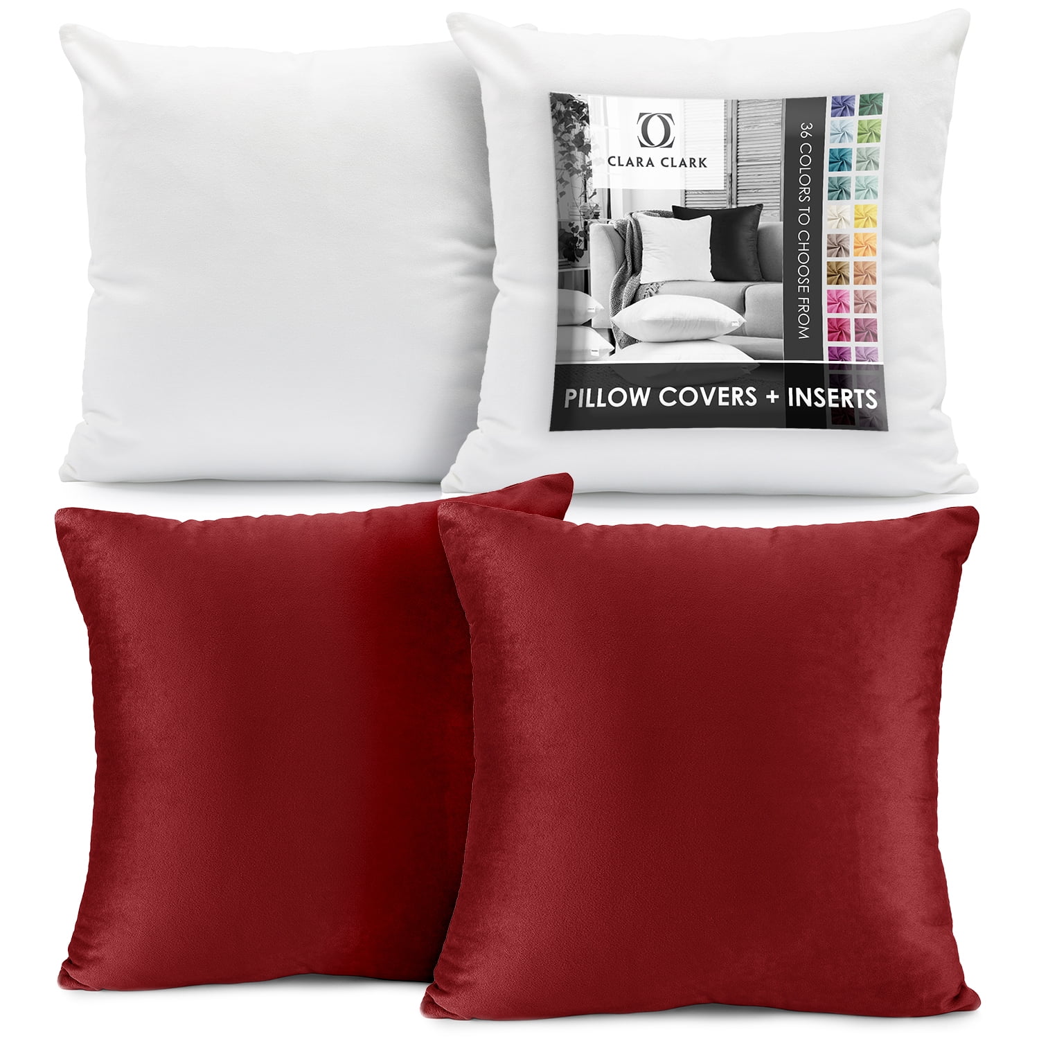 Clara Clark Plush Solid Decorative Microfiber Square Throw Pillow Cover with Throw Pillow Insert for Couch, Cherry Red, 22"x22"", 4 Piece Decorative Soft Throw Pillow Set