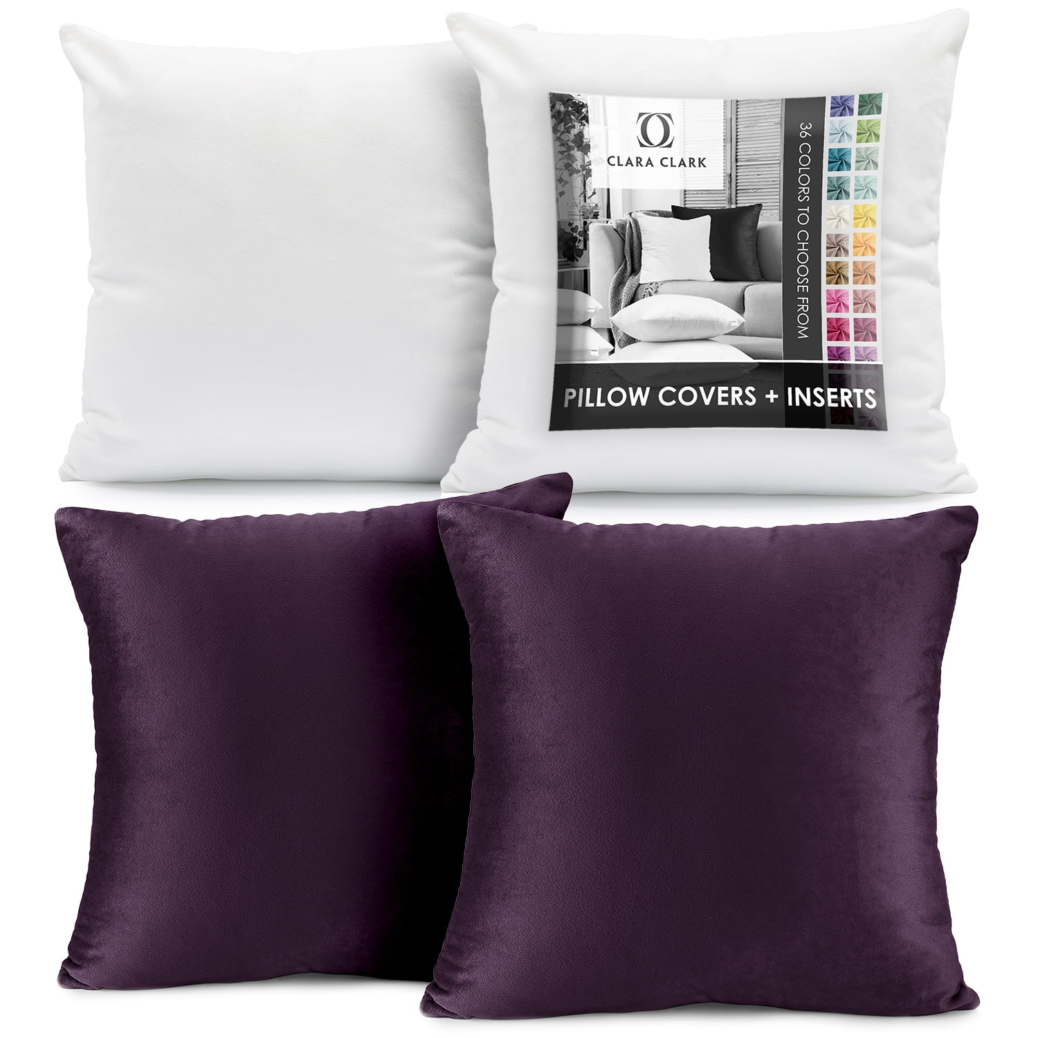 Clara Clark Plush Solid Decorative Microfiber Square Throw Pillow Cover with Throw Pillow Insert for Couch, Eggplant, 24"x24"", 4 Piece Decorative Soft Throw Pillow Set