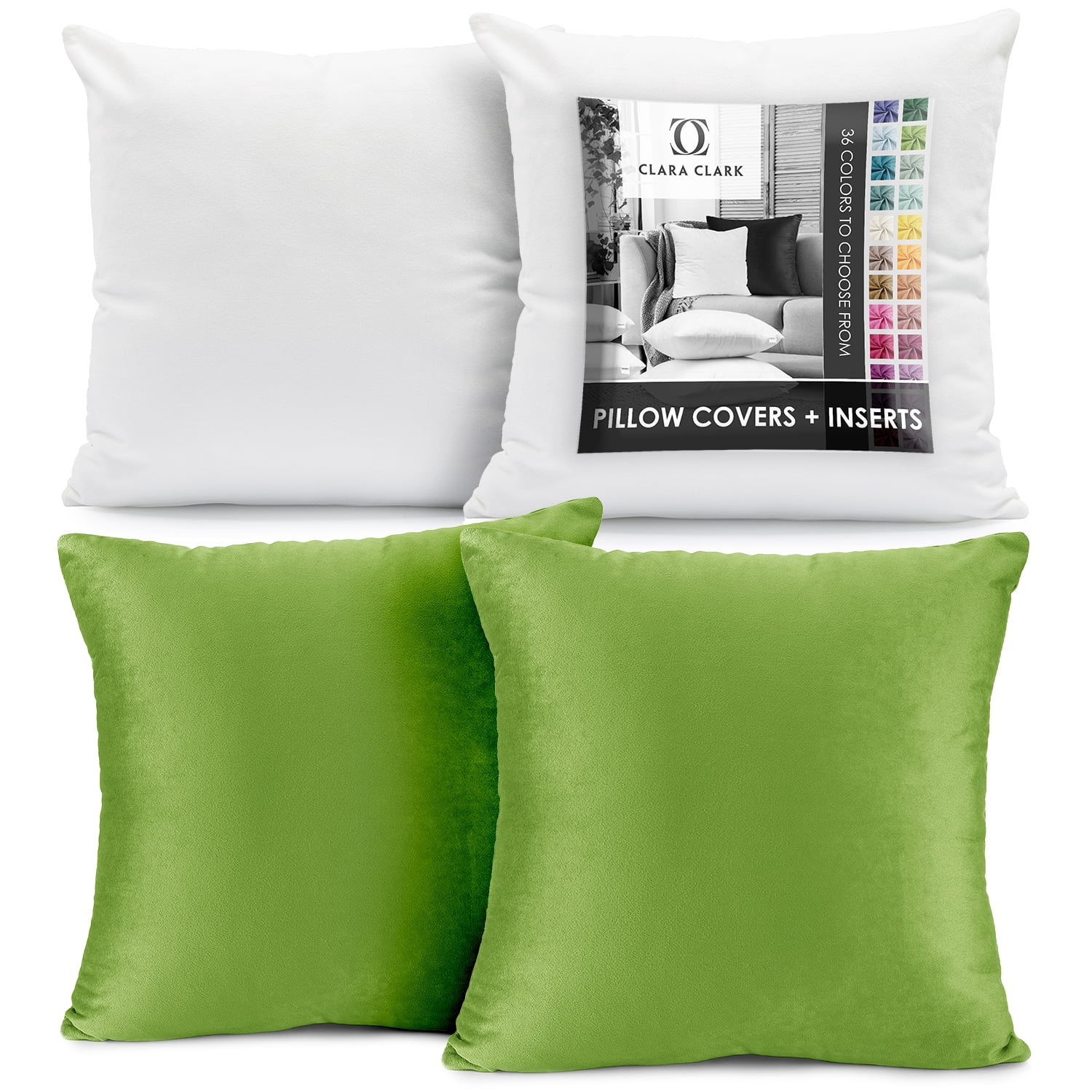 Clara Clark Plush Solid Decorative Microfiber Square Throw Pillow Cover with Throw Pillow Insert for Couch, Garden Green, 28"x28"", 4 Piece Decorative Soft Throw Pillow Set