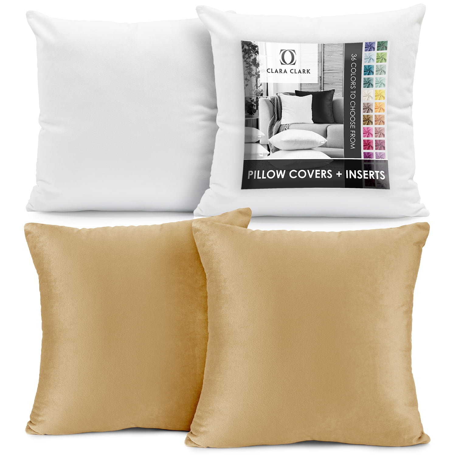 Clara Clark Plush Solid Decorative Microfiber Square Throw Pillow Cover with Throw Pillow Insert for Couch, Gold, 18"x18"", 4 Piece Decorative Soft Throw Pillow Set