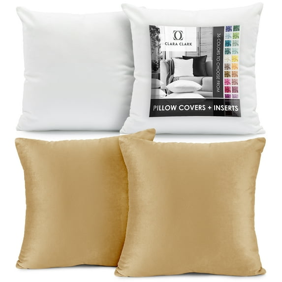 Clara Clark Plush Solid Decorative Microfiber Square Throw Pillow Cover with Throw Pillow Insert for Couch, Gold, 22"x22"", 4 Piece Decorative Soft Throw Pillow Set