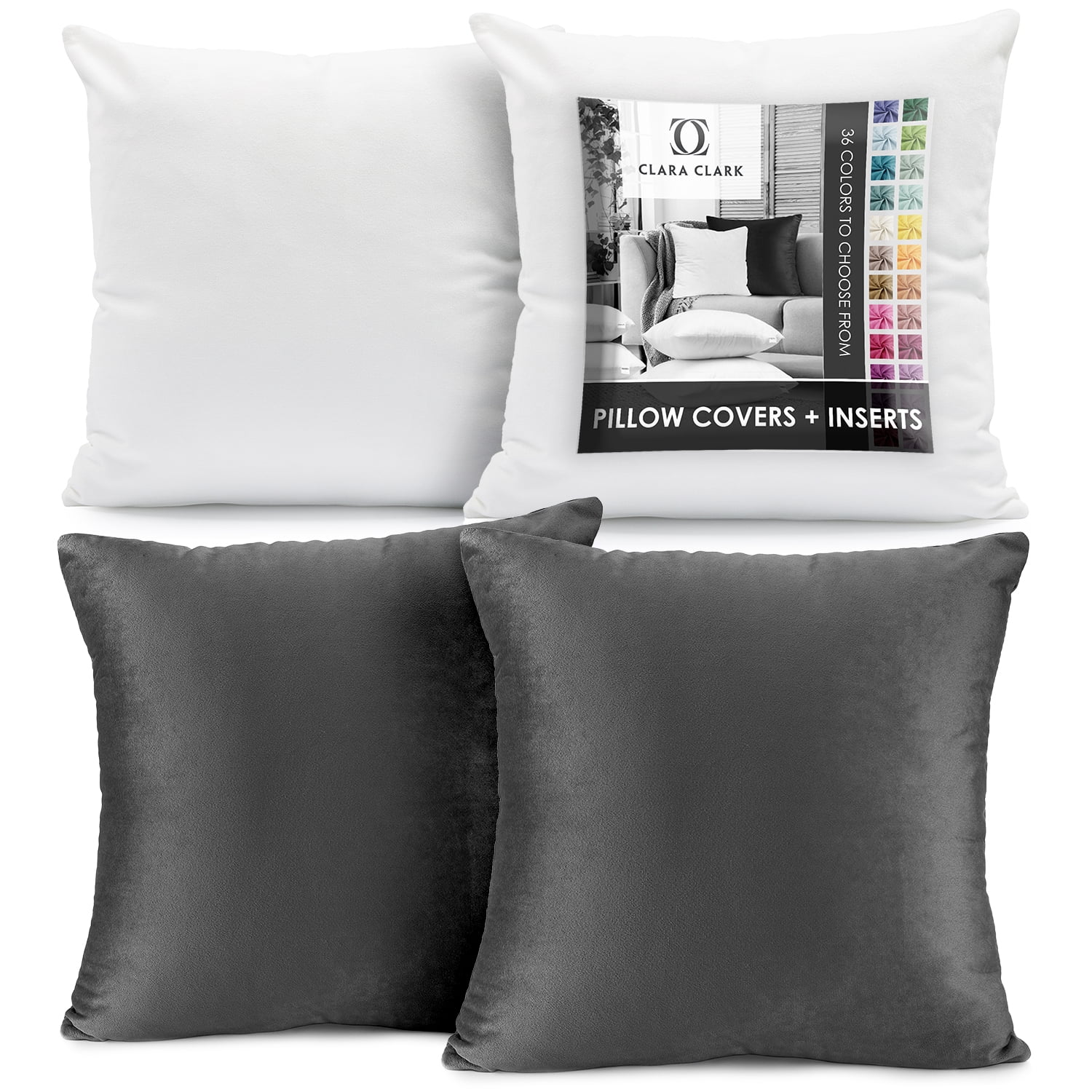 Clara Clark Plush Solid Decorative Microfiber Square Throw Pillow Cover with Throw Pillow Insert for Couch, Grey, 22"x22"", 4 Piece Decorative Soft Throw Pillow Set