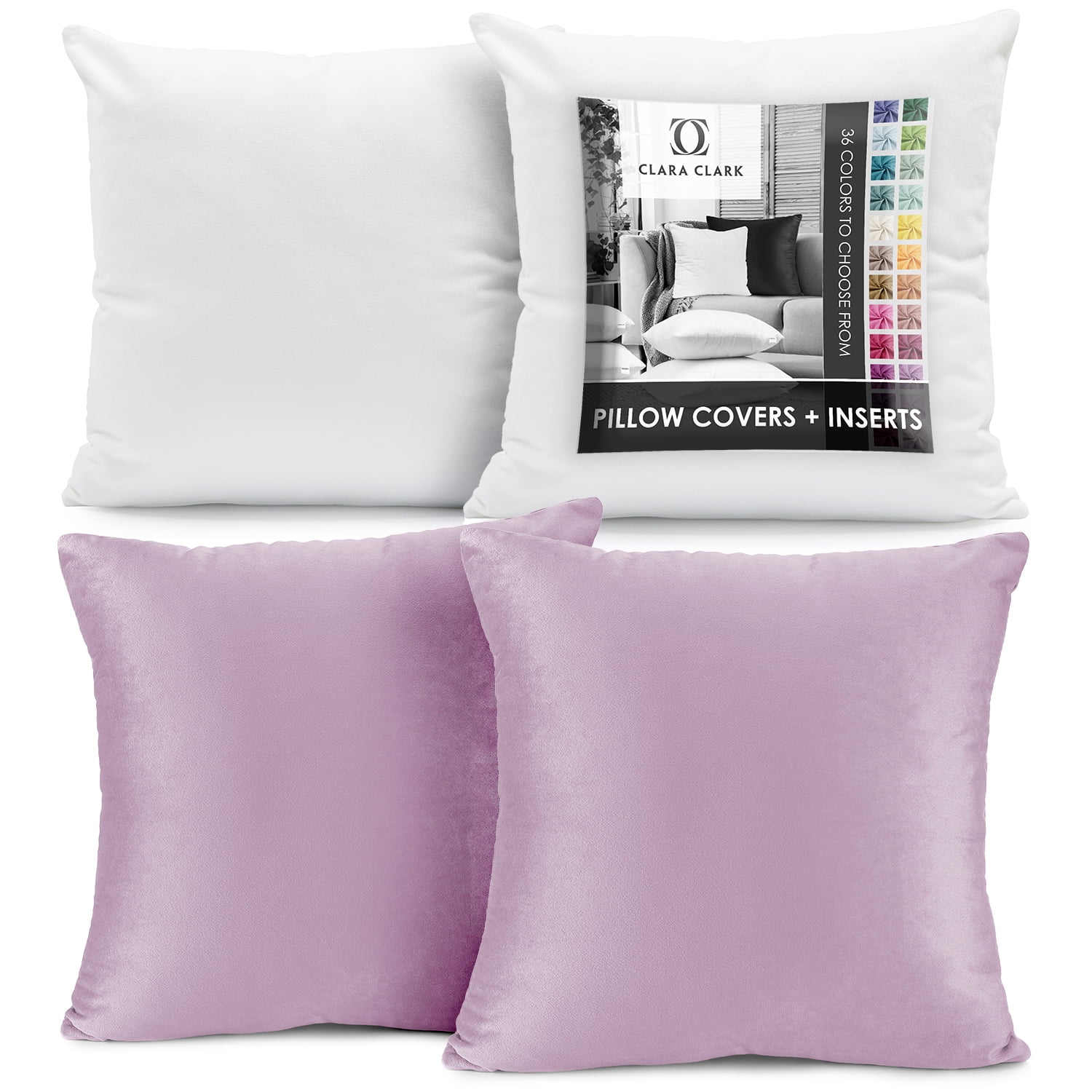Clara Clark Plush Solid Decorative Microfiber Square Throw Pillow Cover with Throw Pillow Insert for Couch, Grey Lavendar, 16"x16"", 4 Piece Decorative Soft Throw Pillow Set