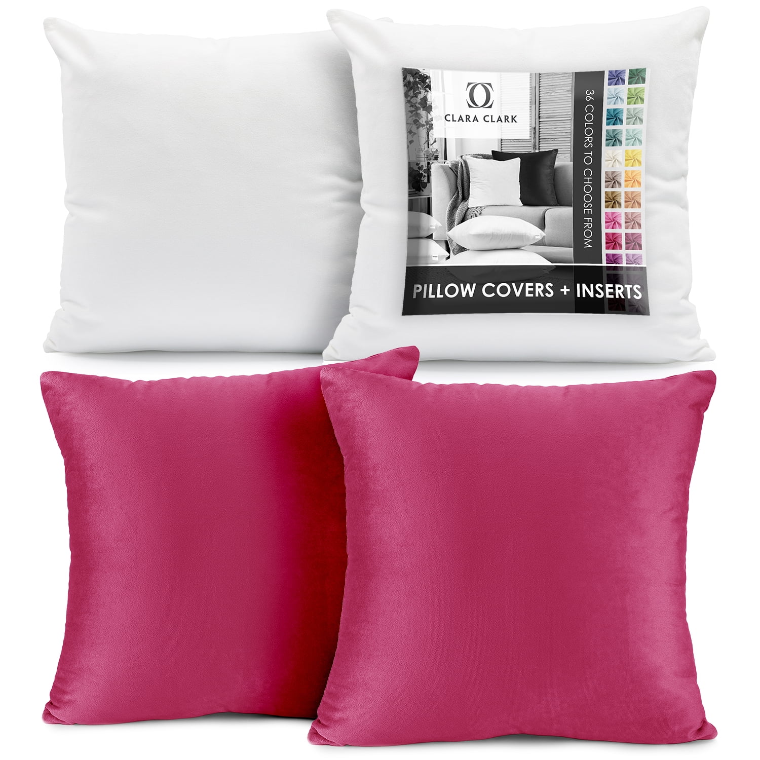 Clara Clark Plush Solid Decorative Microfiber Square Throw Pillow Cover with Throw Pillow Insert for Couch, Hot Pink, 22"x22"", 4 Piece Decorative Soft Throw Pillow Set