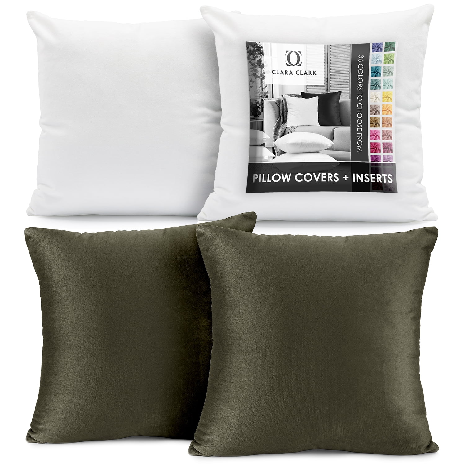 Clara Clark Plush Solid Decorative Microfiber Square Throw Pillow Cover with Throw Pillow Insert for Couch, Khaki, 28"x28"", 4 Piece Decorative Soft Throw Pillow Set