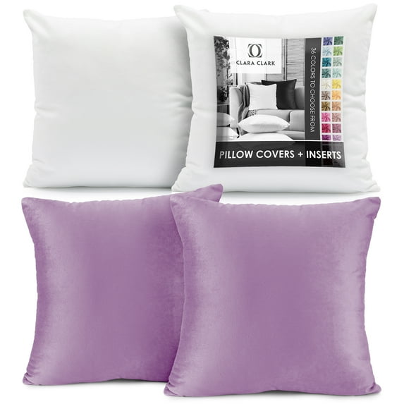 Clara Clark Plush Solid Decorative Microfiber Square Throw Pillow Cover with Throw Pillow Insert for Couch, Lavendar, 20"x20"", 4 Piece Decorative Soft Throw Pillow Set