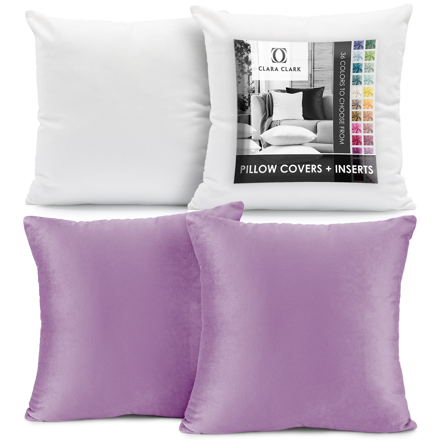 Clara Clark Plush Solid Decorative Microfiber Square Throw Pillow Cover with Throw Pillow Insert for Couch, Lavendar, 26"x26"", 4 Piece Decorative Soft Throw Pillow Set