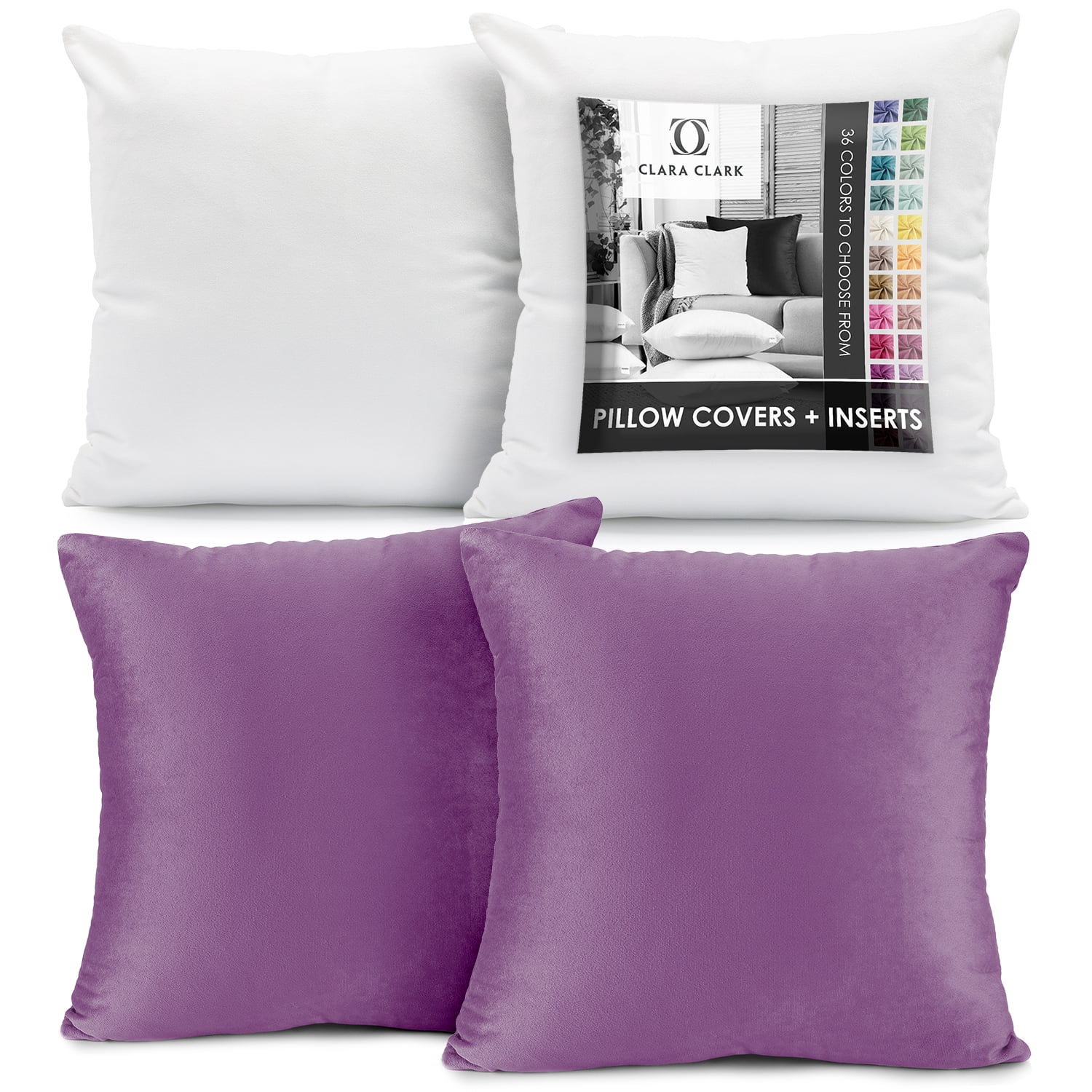 Clara Clark Plush Solid Decorative Microfiber Square Throw Pillow Cover with Throw Pillow Insert for Couch, Lavendar Dream, 16"x16"", 4 Piece Decorative Soft Throw Pillow Set