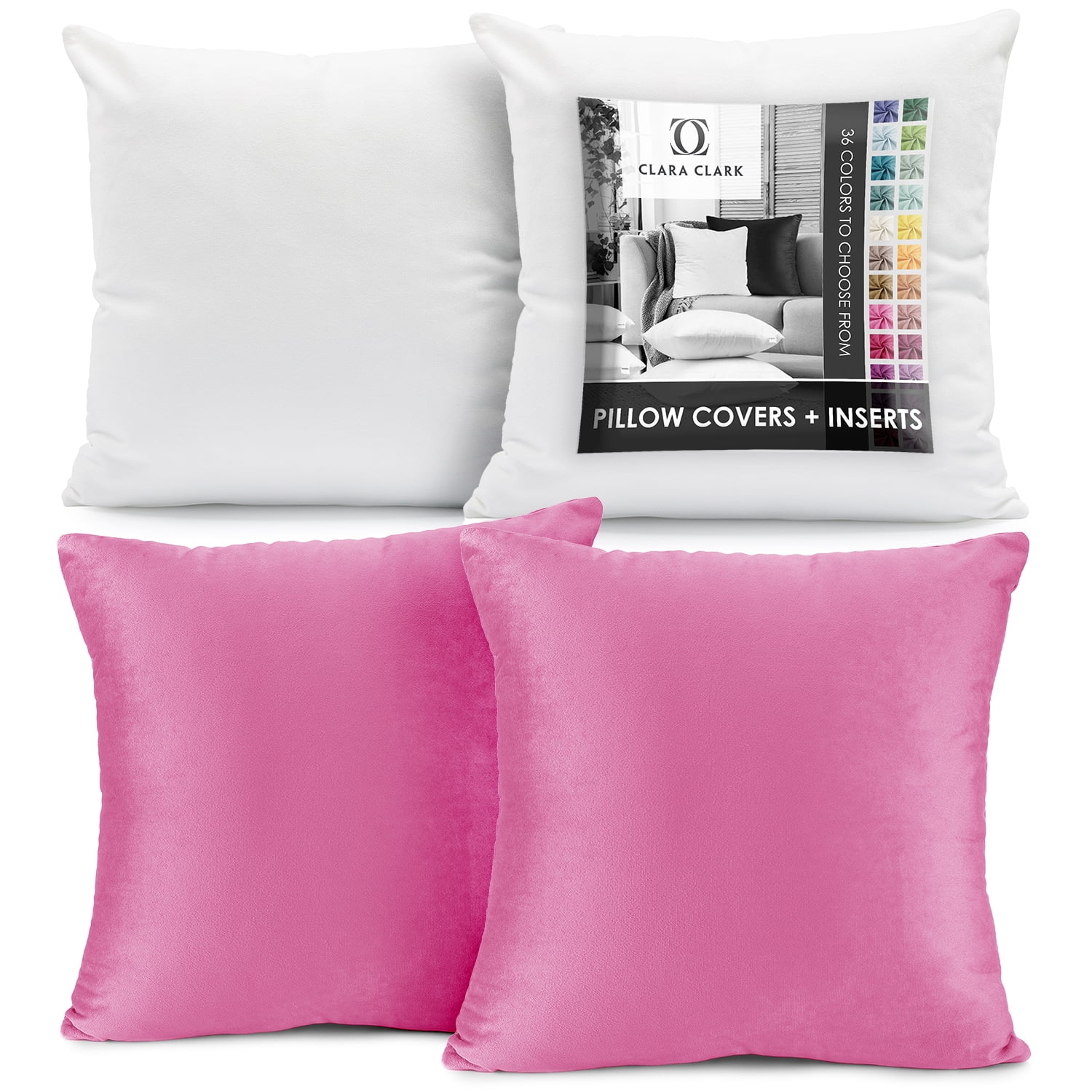Clara Clark Plush Solid Decorative Microfiber Square Throw Pillow Cover with Throw Pillow Insert for Couch, Light Pink, 26"x26"", 4 Piece Decorative Soft Throw Pillow Set