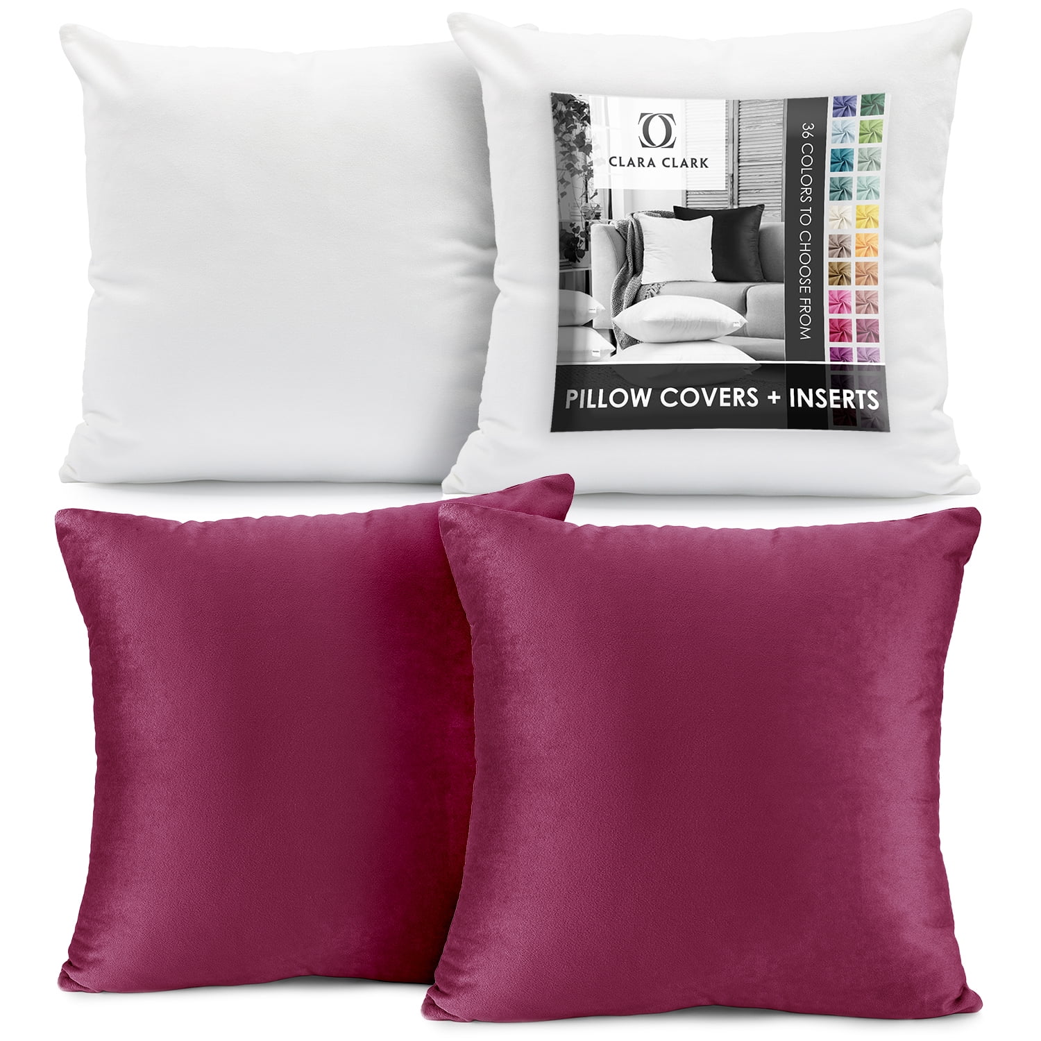 Clara Clark Plush Solid Decorative Microfiber Square Throw Pillow Cover with Throw Pillow Insert for Couch, Magenta, 16"x16"", 4 Piece Decorative Soft Throw Pillow Set