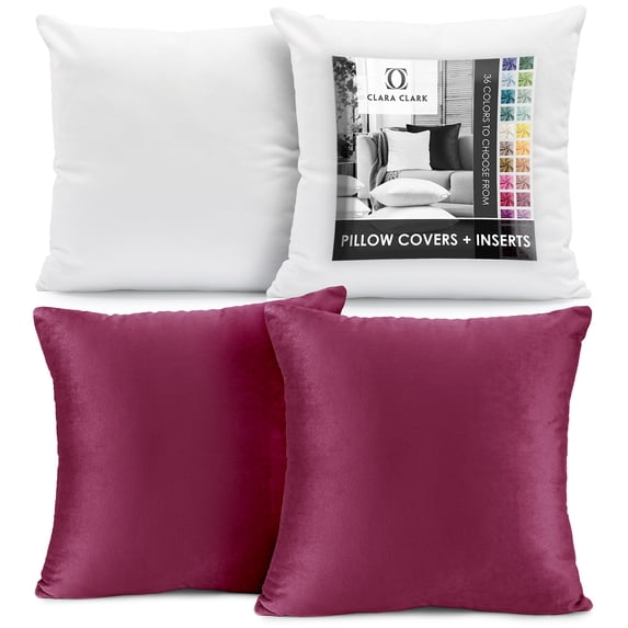 Clara Clark Plush Solid Decorative Microfiber Square Throw Pillow Cover with Throw Pillow Insert for Couch, Magenta, 22"x22"", 4 Piece Decorative Soft Throw Pillow Set