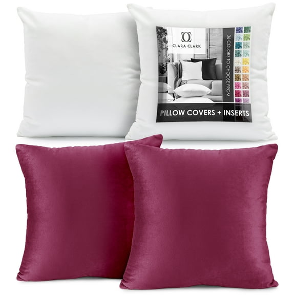Clara Clark Plush Solid Decorative Microfiber Square Throw Pillow Cover with Throw Pillow Insert for Couch, Magenta, 24"x24"", 4 Piece Decorative Soft Throw Pillow Set