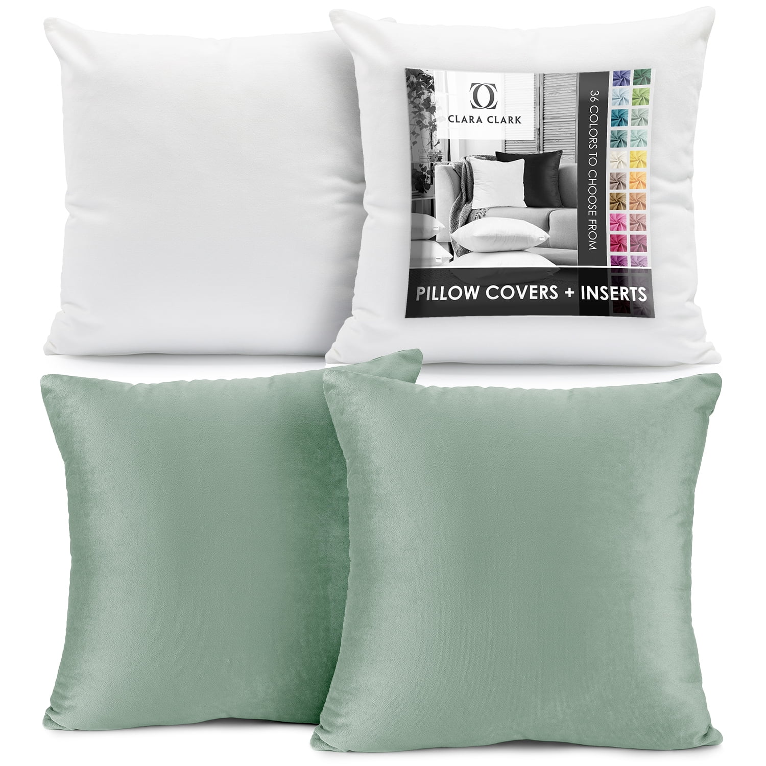 Clara Clark Plush Solid Decorative Microfiber Square Throw Pillow Cover with Throw Pillow Insert for Couch, Mint, 24"x24"", 4 Piece Decorative Soft Throw Pillow Set