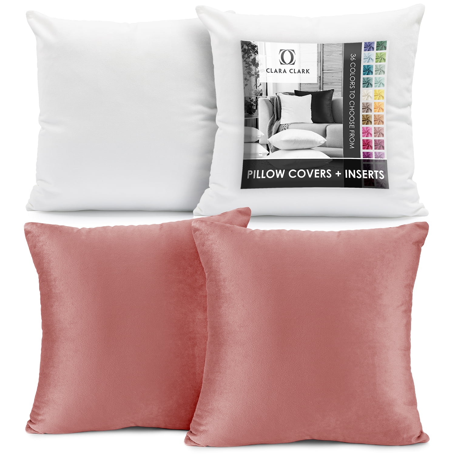 Clara Clark Plush Solid Decorative Microfiber Square Throw Pillow Cover with Throw Pillow Insert for Couch, Misty Rose, 22"x22"", 4 Piece Decorative Soft Throw Pillow Set