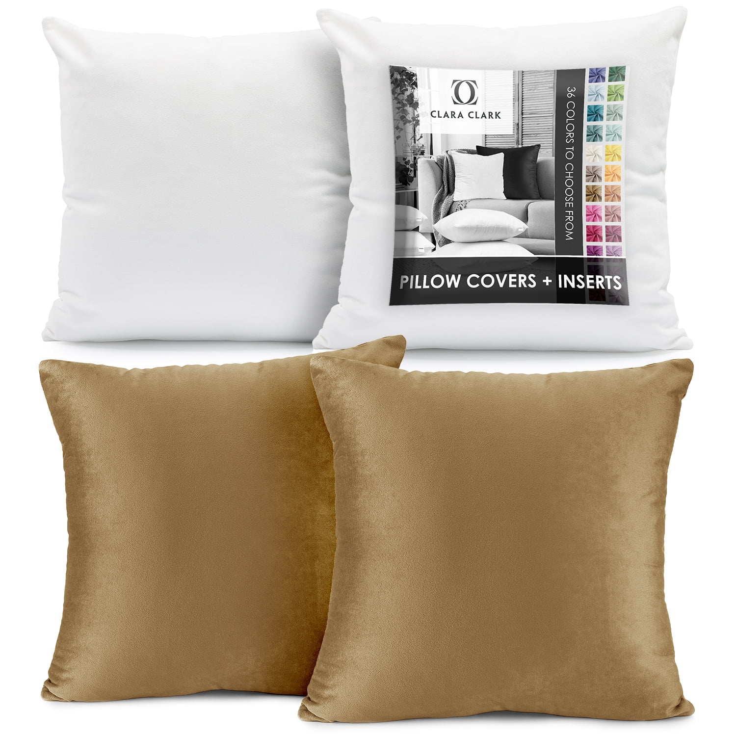 Clara Clark Plush Solid Decorative Microfiber Square Throw Pillow Cover with Throw Pillow Insert for Couch, Mocha Light Brown, 18"x18"", 4 Piece Decorative Soft Throw Pillow Set