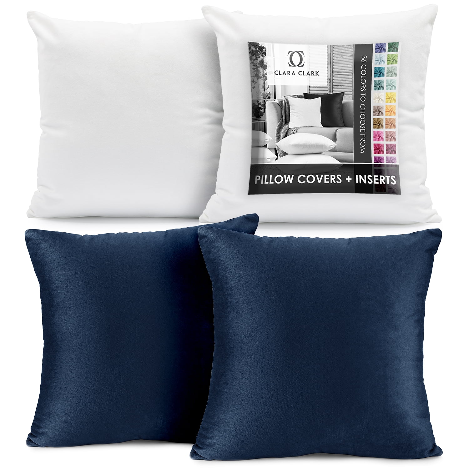 Clara Clark Plush Solid Decorative Microfiber Square Throw Pillow Cover with Throw Pillow Insert for Couch, Navy Blue, 24"x24"", 4 Piece Decorative Soft Throw Pillow Set
