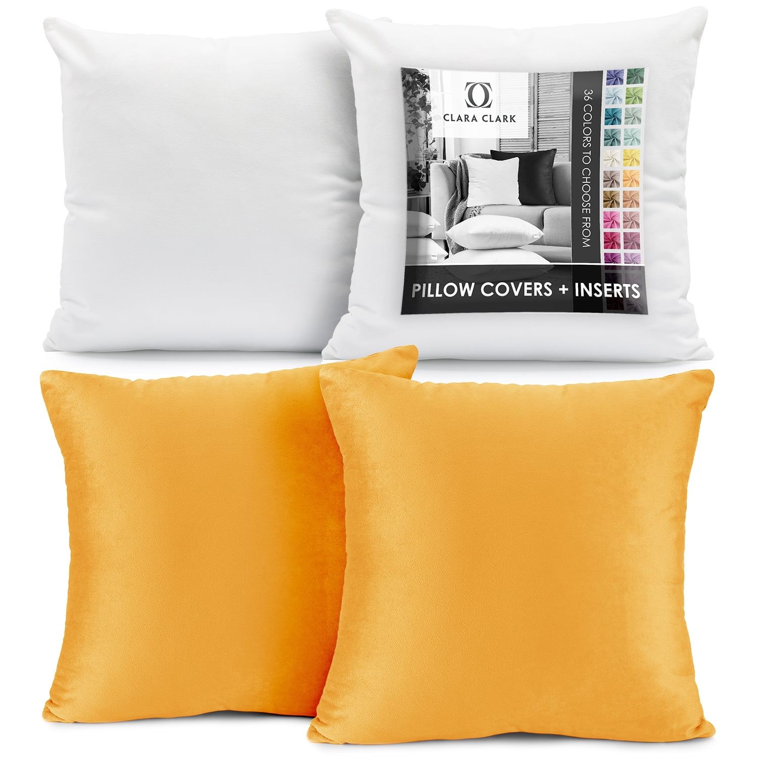 Clara Clark Plush Solid Decorative Microfiber Square Throw Pillow Cover with Throw Pillow Insert for Couch, Orange, 20"x20"", 4 Piece Decorative Soft Throw Pillow Set