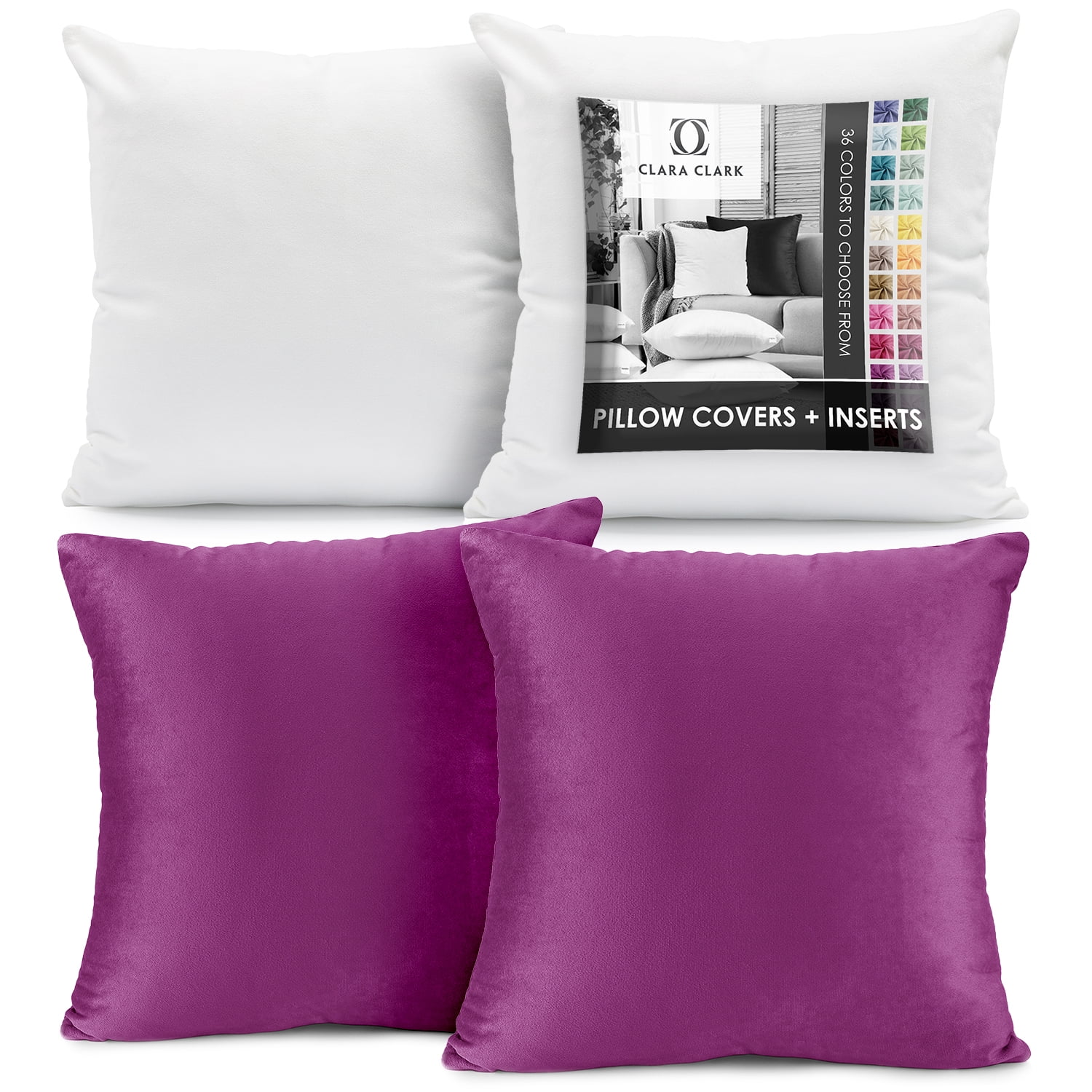 Clara Clark Plush Solid Decorative Microfiber Square Throw Pillow Cover with Throw Pillow Insert for Couch, Orchid Purple, 28"x28"", 4 Piece Decorative Soft Throw Pillow Set