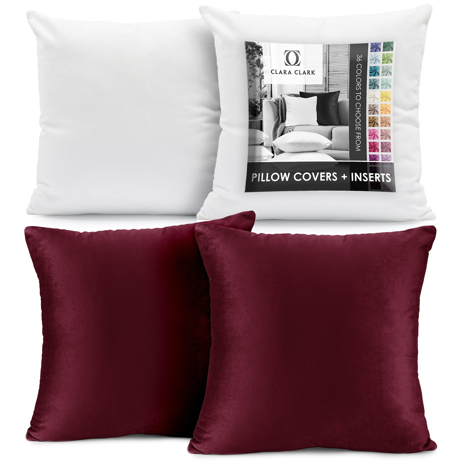 Clara Clark Plush Solid Decorative Microfiber Square Throw Pillow Cover with Throw Pillow Insert for Couch, Red, 22"x22"", 4 Piece Decorative Soft Throw Pillow Set